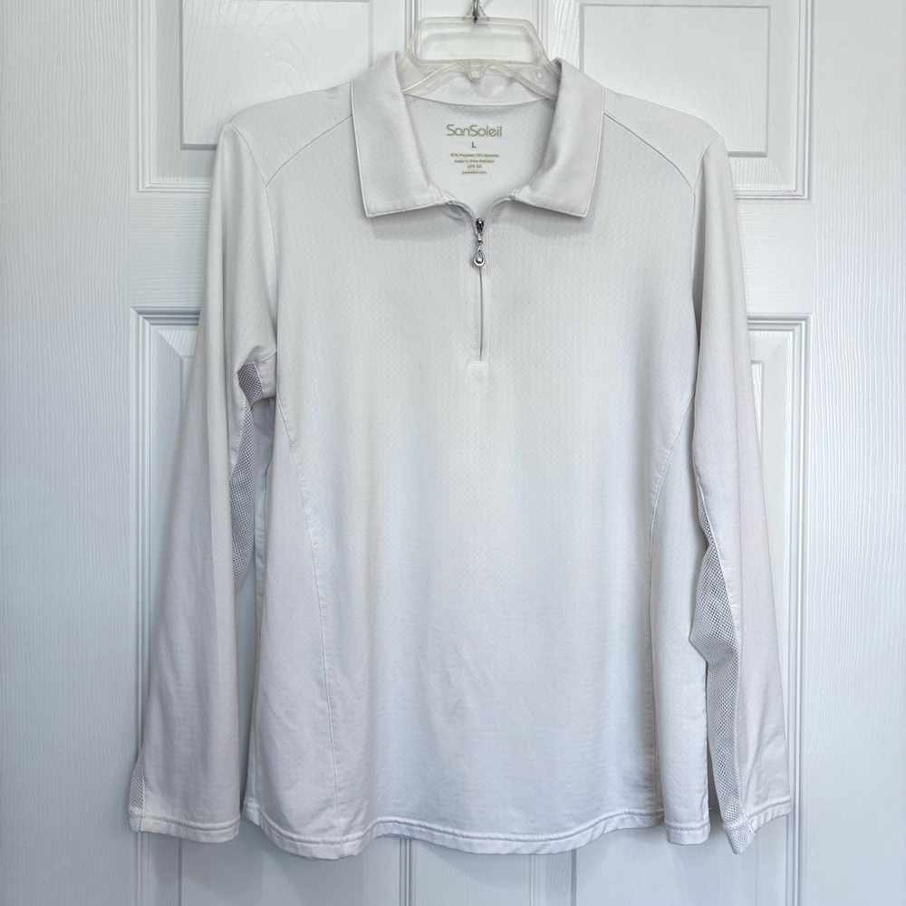 SanSoleil White Long Sleeve Top Womens large UPF 50 sun protection 1/4 zip